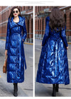 Women's Winter Glossy Blue Hooded Belted Long Down Puffer Coat