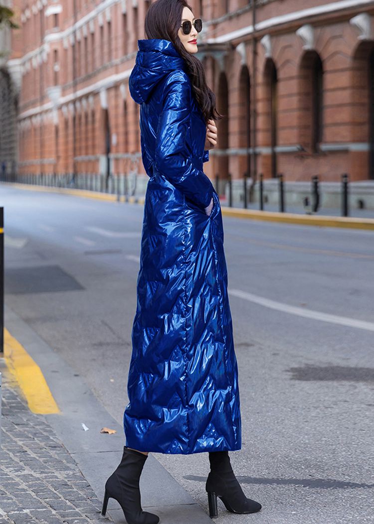 Women's Winter Glossy Blue Hooded Belted Long Down Puffer Coat