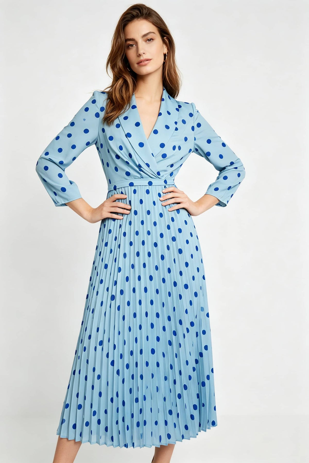 polka dot dress light blue French Pleated Midi in Light Blue / XS The Oxford Bolero (Size):S Ann Midi Dress with for this dress scoop neck