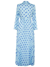 A product shot showing the back view of a light blue long-sleeved midi dress against a plain white background. The dress is covered in a dark blue polka-dot print and features a structured waistline and a pleated skirt.
