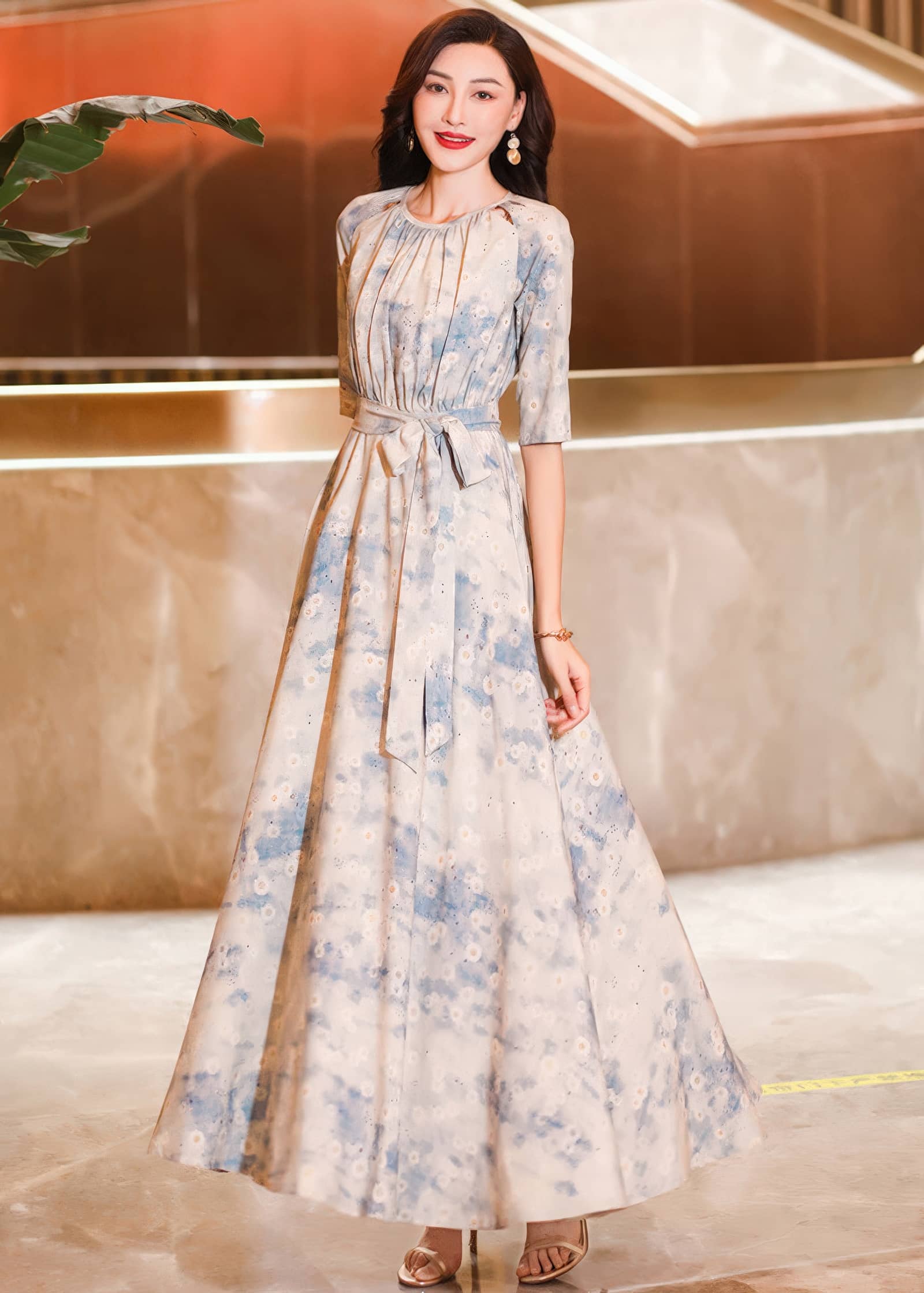 Serene Sky Floral A-Line Maxi Dress with Tie Waist