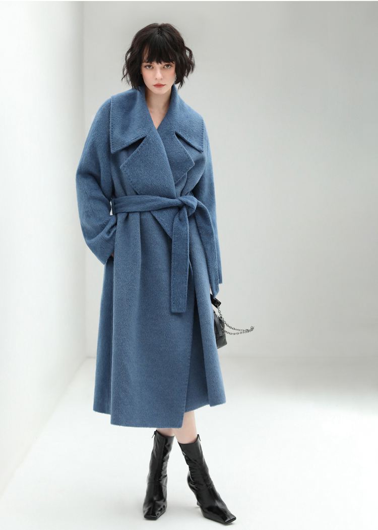 Women's Winter Blue Belted Wool Blend Long Wrap Coat