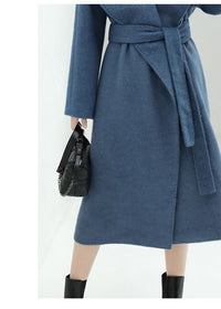 Women's Winter Blue Belted Wool Blend Long Wrap Coat