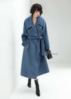 Women's Winter Blue Belted Wool Blend Long Wrap Coat