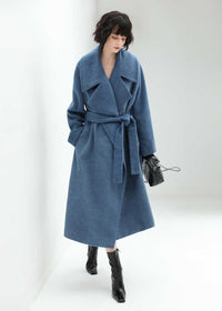 Women's Winter Blue Belted Wool Blend Long Wrap Coat