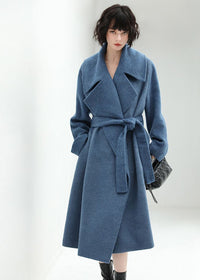 Women's Winter Blue Belted Wool Blend Long Wrap Coat