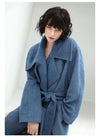 Women's Winter Blue Belted Wool Blend Long Wrap Coat