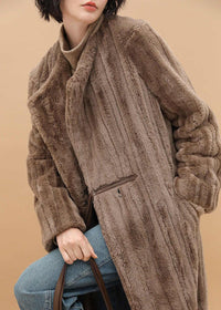 Women's Winter Brown Faux Fur Fleece Long Coat