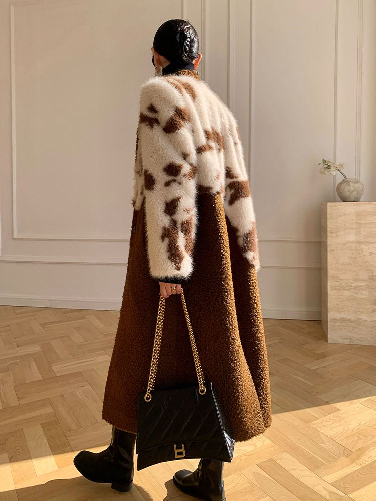 Women's Patchwork Wool Blend Fur Fleece Single-Breasted Long Coat