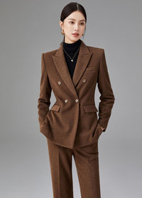 Women's Brown Double Breasted Blazer Pants Suit