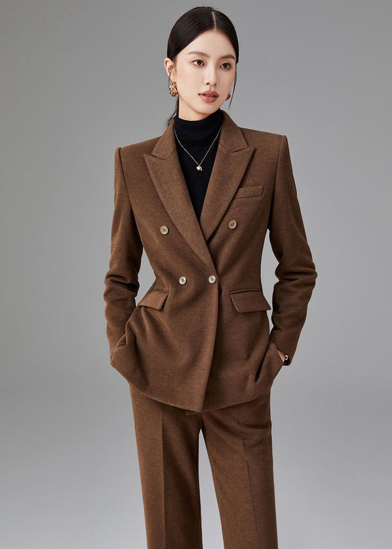 Women's Brown Double Breasted Blazer Pants Suit