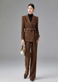 Women's Brown Double Breasted Blazer Pants Suit