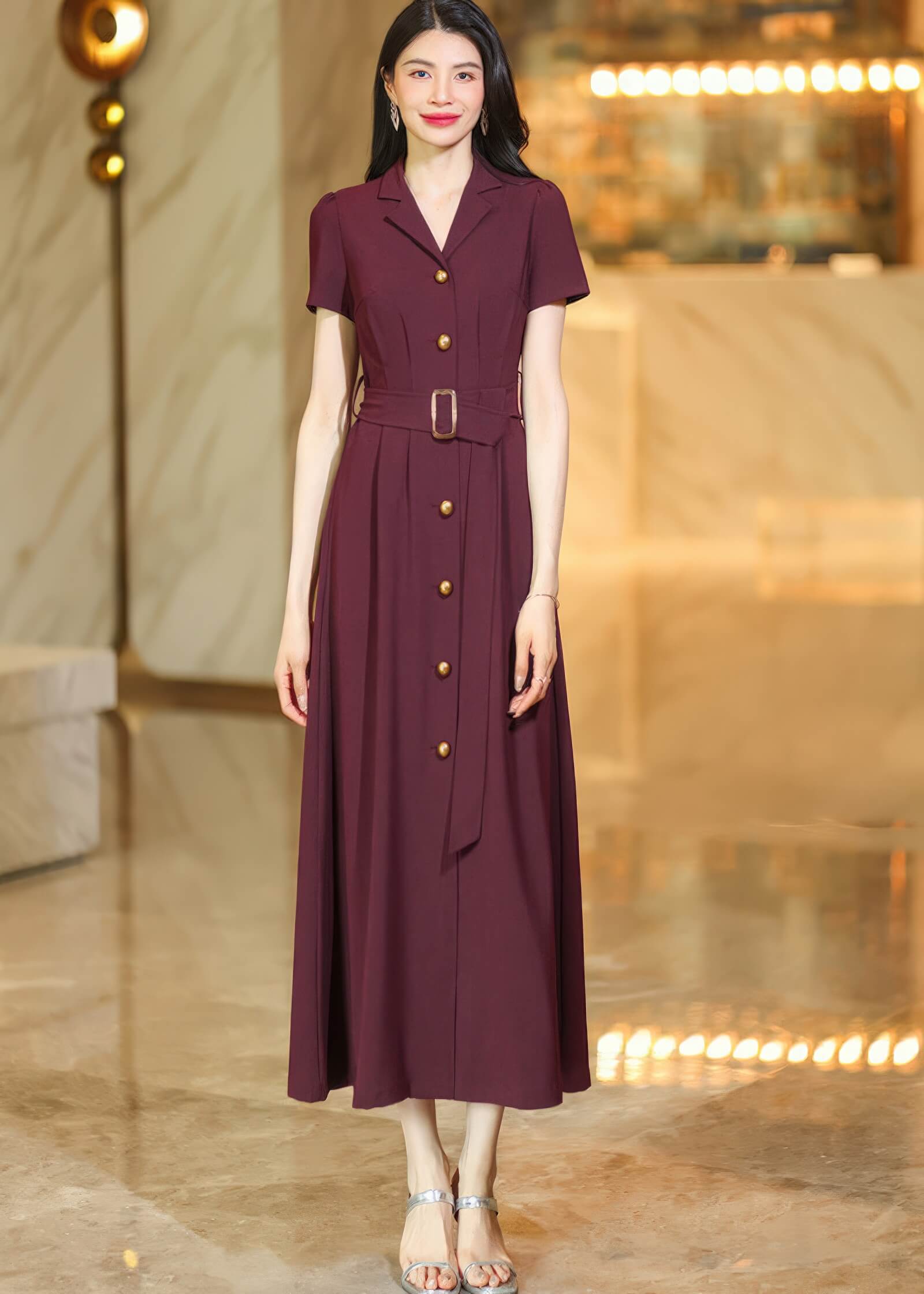 Burgundy Button-Down Midi Shirt Dress with Belt