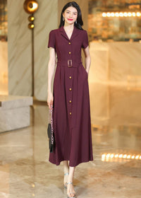 Burgundy Button-Down Midi Shirt Dress with Belt