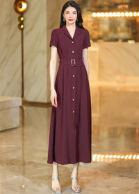 Burgundy Button-Down Midi Shirt Dress with Belt