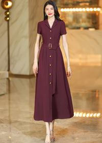Burgundy Button-Down Midi Shirt Dress with Belt