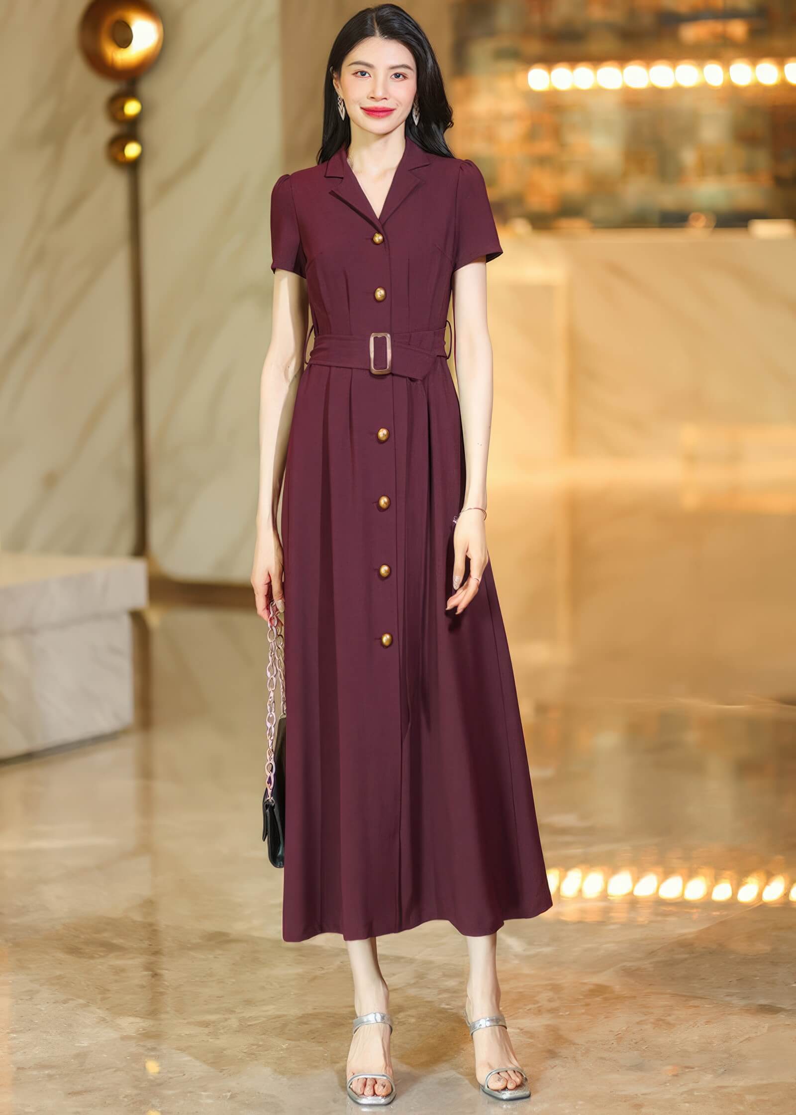 Burgundy Button-Down Midi Shirt Dress with Belt Vivian Seven Burgundy Button-Down Midi Shirt Dress with Belt Vivian Seven