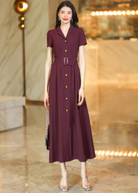 Burgundy Button-Down Midi Shirt Dress with Belt