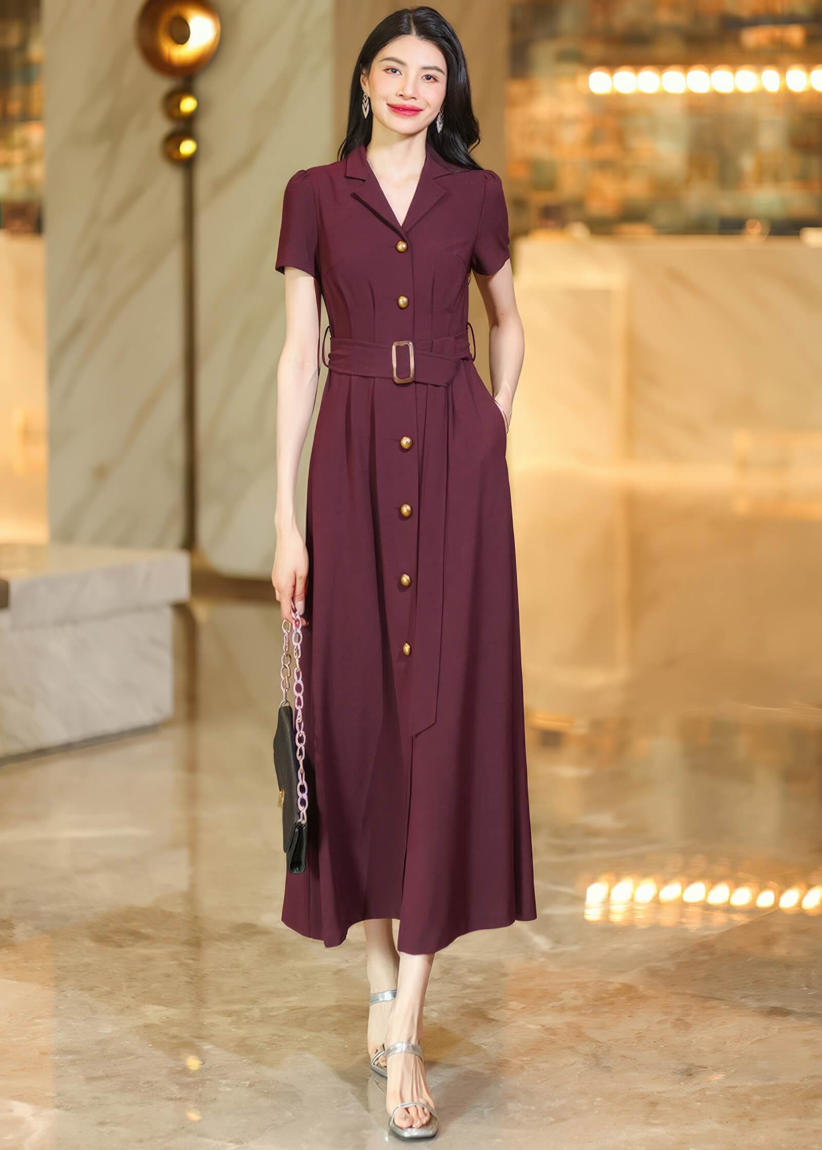 Burgundy Button-Down Midi Shirt Dress with Belt