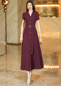 Burgundy Button-Down Midi Shirt Dress with Belt