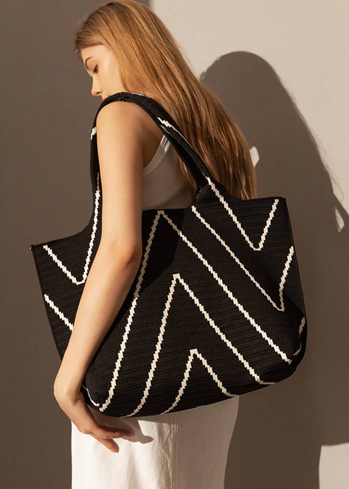 Geometric Stripe Black Spacious Canvas Tote Bag