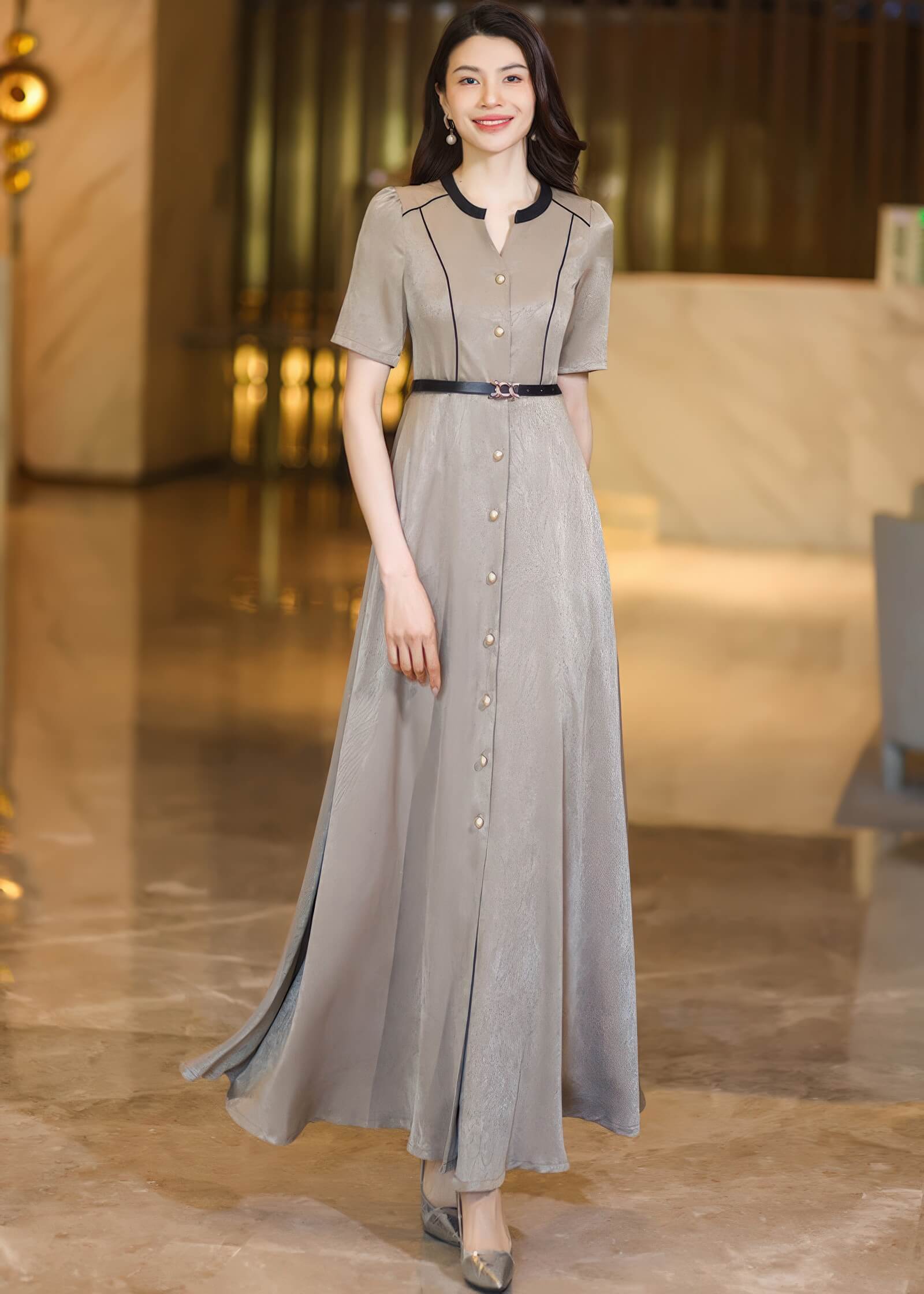 Elegant Button-Down Maxi Dress in Champagne Taupe Champagne / L