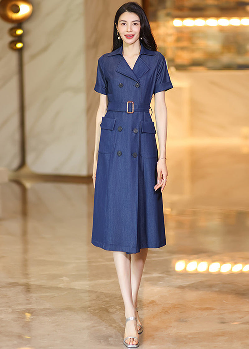 Chic Double-Breasted Denim Blue Belted Midi Shirt Dress