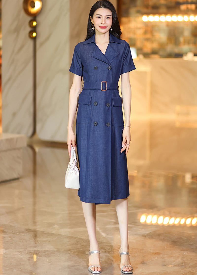 Chic Double-Breasted Denim Blue Belted Midi Shirt Dress