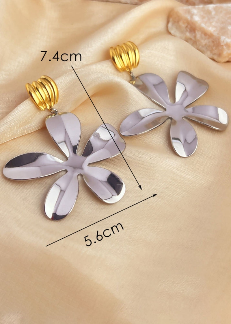 Colorblock Gold Silver Flower Drop Statement Earrings