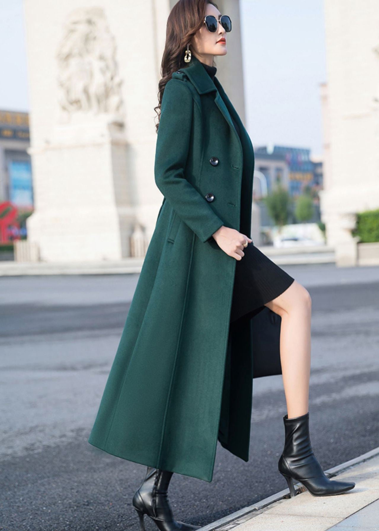 Belted Coat Green Wool Trench Coat Womens Wool Coat, Green Long