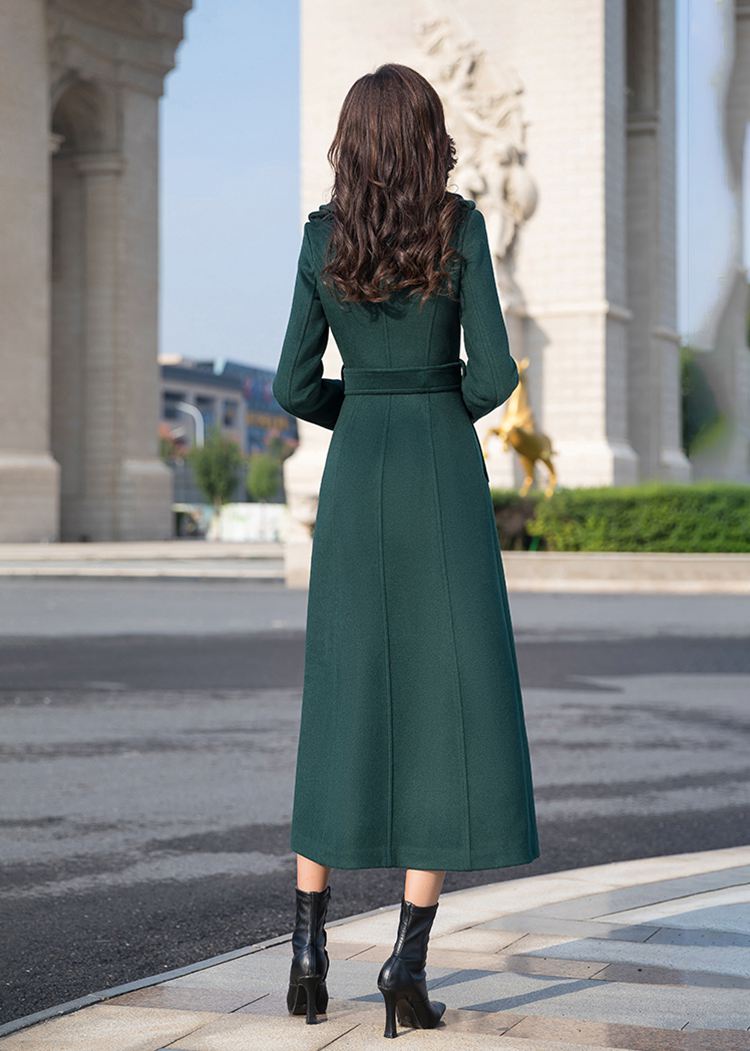 Dark Green Double Breasted Wool Blend Long Coat – Vivian Seven