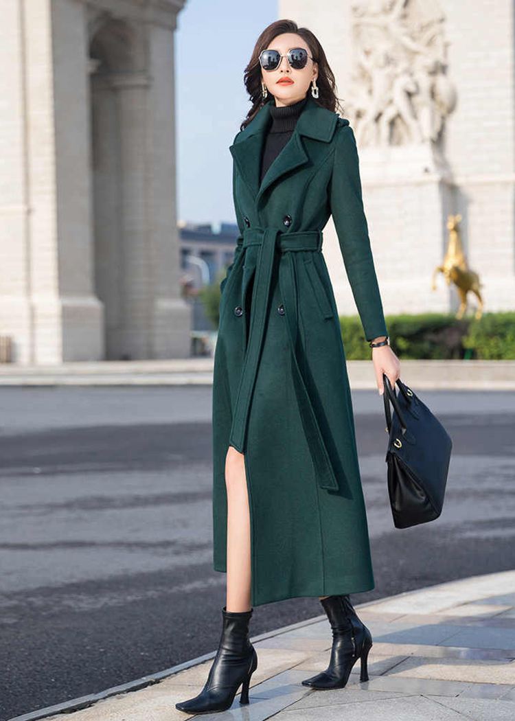 Women's Dark Green Double Breasted Wool Blend Long Coat