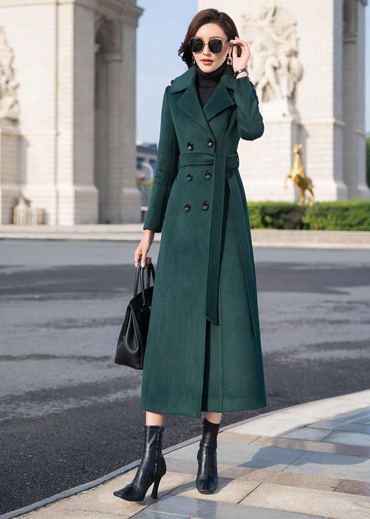 Dark Green Double Breasted Wool Blend Long Coat Vivian Seven Dark Green Double Breasted Wool Blend Long Coat Vivian Seven