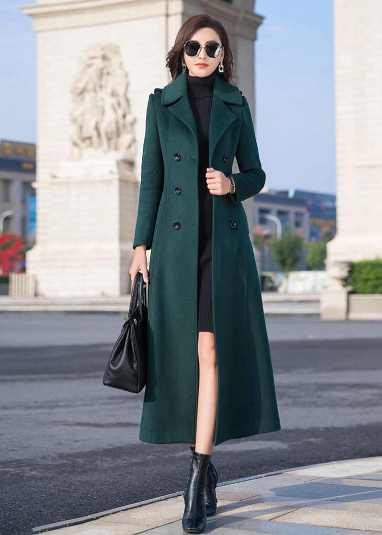 Dark Green Double Breasted Wool Blend Long Coat Dark Green Double Breasted Wool Blend Long Coat
