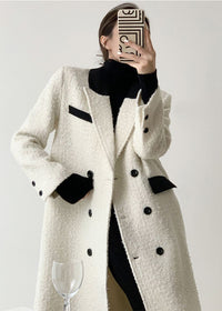 White Double Breasted Wool Blend Tweed Long Coat