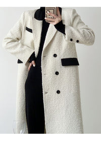 White Double Breasted Wool Blend Tweed Long Coat