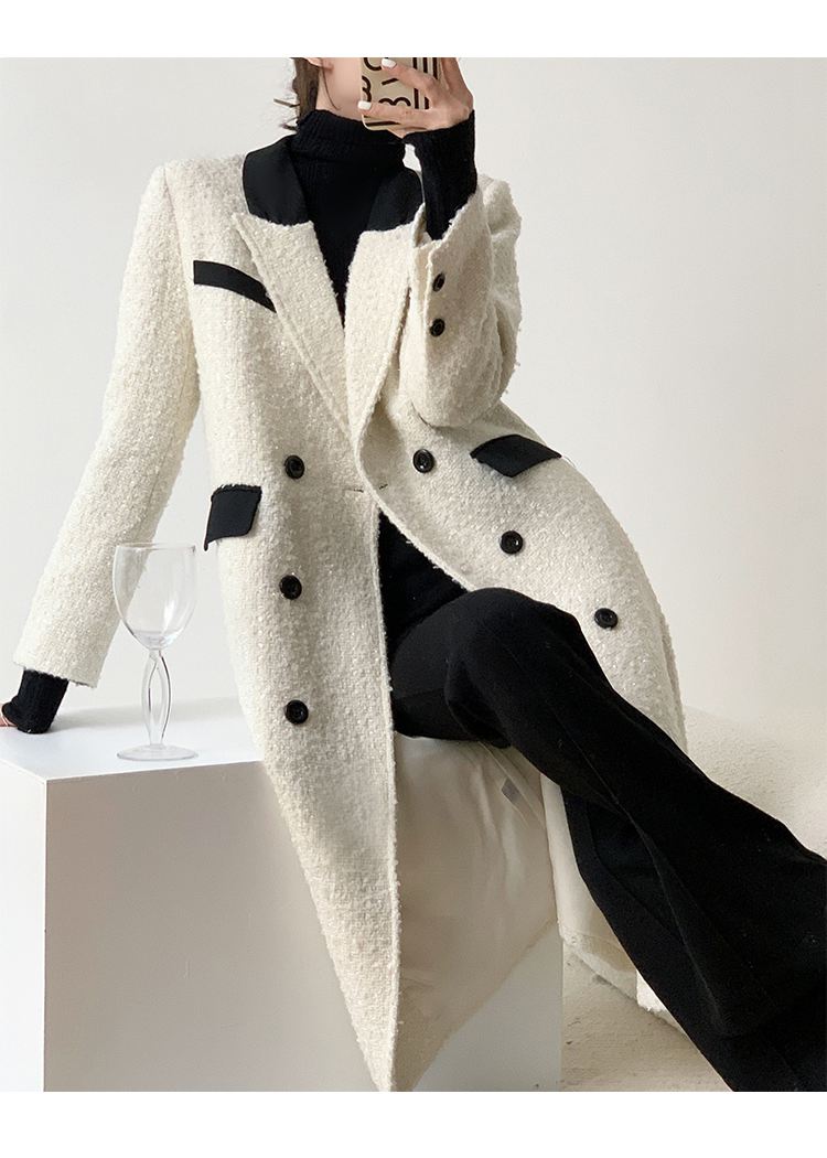 White Double Breasted Wool Blend Tweed Long Coat