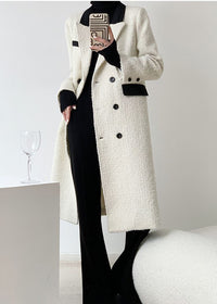 White Double Breasted Wool Blend Tweed Long Coat