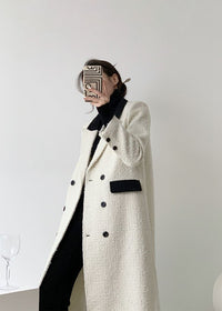 White Double Breasted Wool Blend Tweed Long Coat