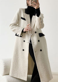 White Double Breasted Wool Blend Tweed Long Coat