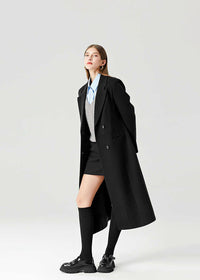 Women's Black Double Breasted Slim Waist Wool Blend Long Coat