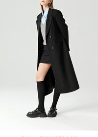 Women's Black Double Breasted Slim Waist Wool Blend Long Coat