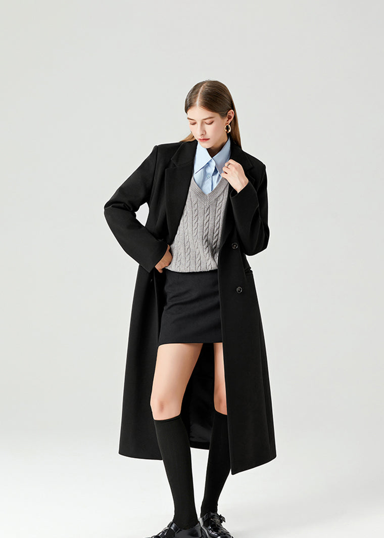 Black Double Breasted Slim Waist Wool Blend Long Coat – Vivian Seven