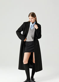 Women's Black Double Breasted Slim Waist Wool Blend Long Coat