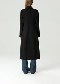 Women's Black Double Breasted Slim Waist Wool Blend Long Coat