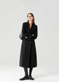 Women's Black Double Breasted Slim Waist Wool Blend Long Coat