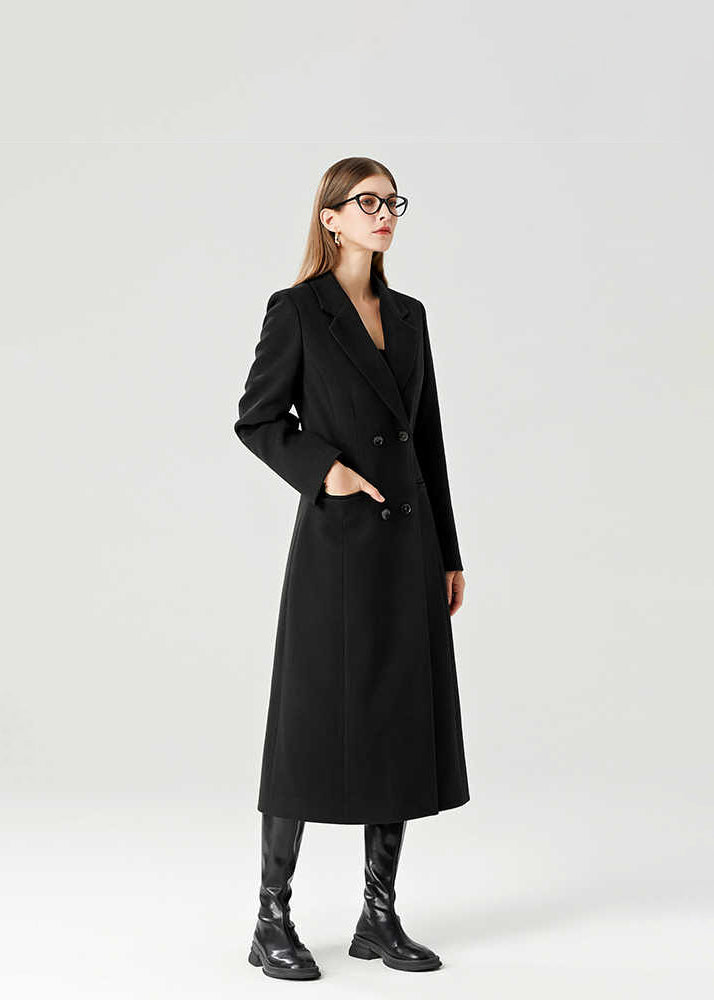 Black Double Breasted Slim Waist Wool Blend Long Coat – Vivian Seven
