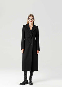 Women's Black Double Breasted Slim Waist Wool Blend Long Coat