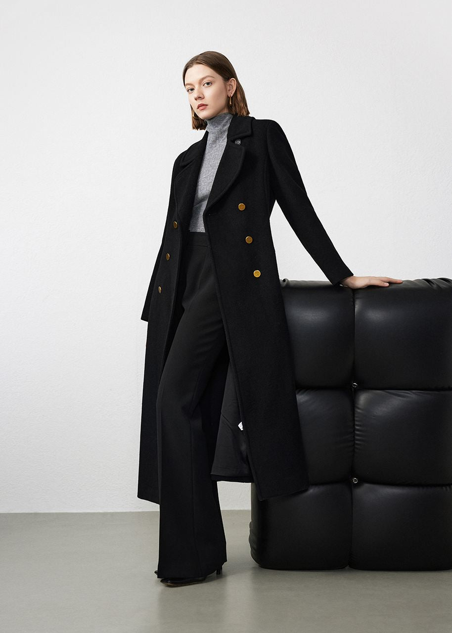 Notched Collar Double Breasted Wool Blend Long Coat – Vivian Seven