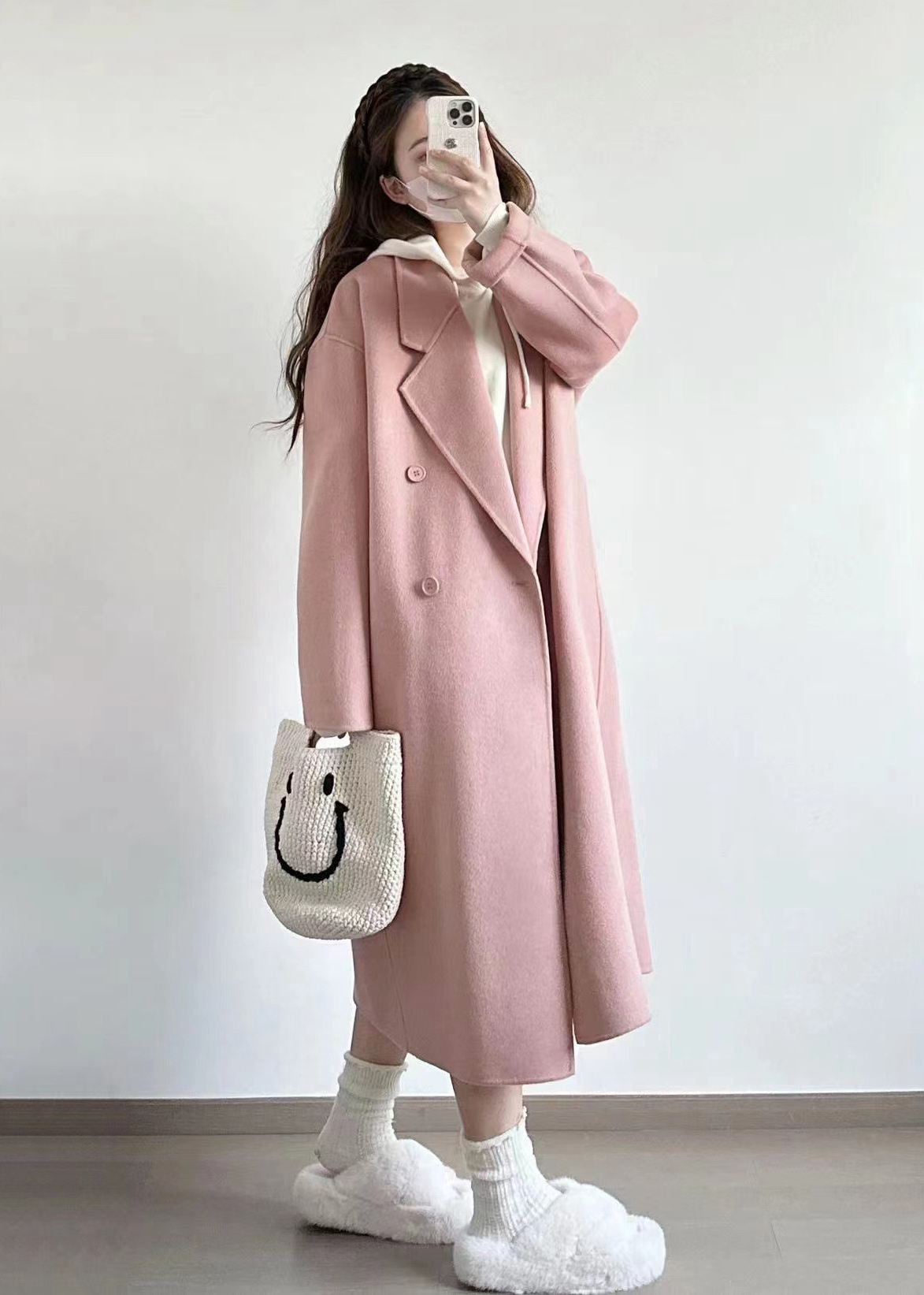 Pink Wool Blend Wrap Long Coat - Main Image